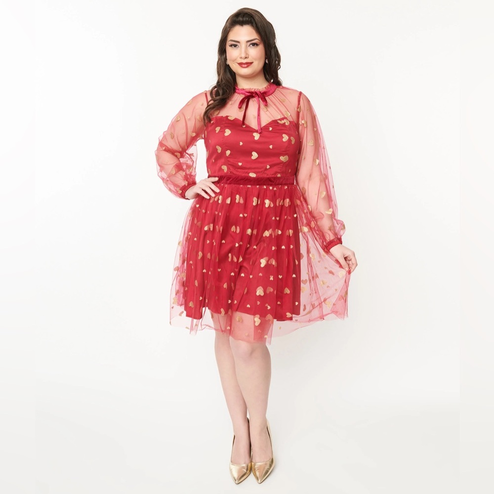Unique Vintage Valentine’s Day Red Glitter Gold Hearts Flirty Fit & Flare Dress